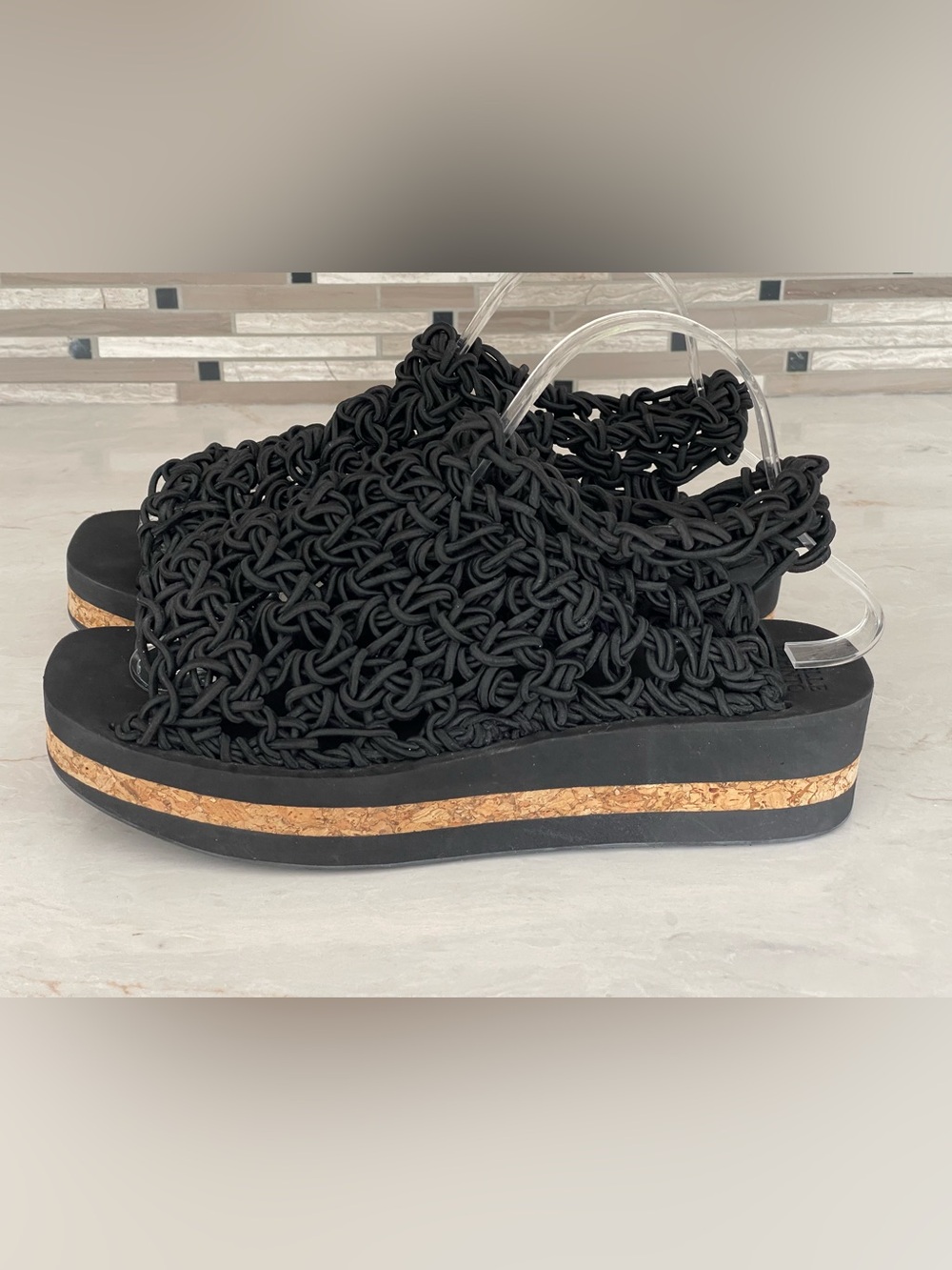 ARIELLE De PINTO Black Woven Cord Platform Sandals with Foam & Cork Soles, 9-9.5